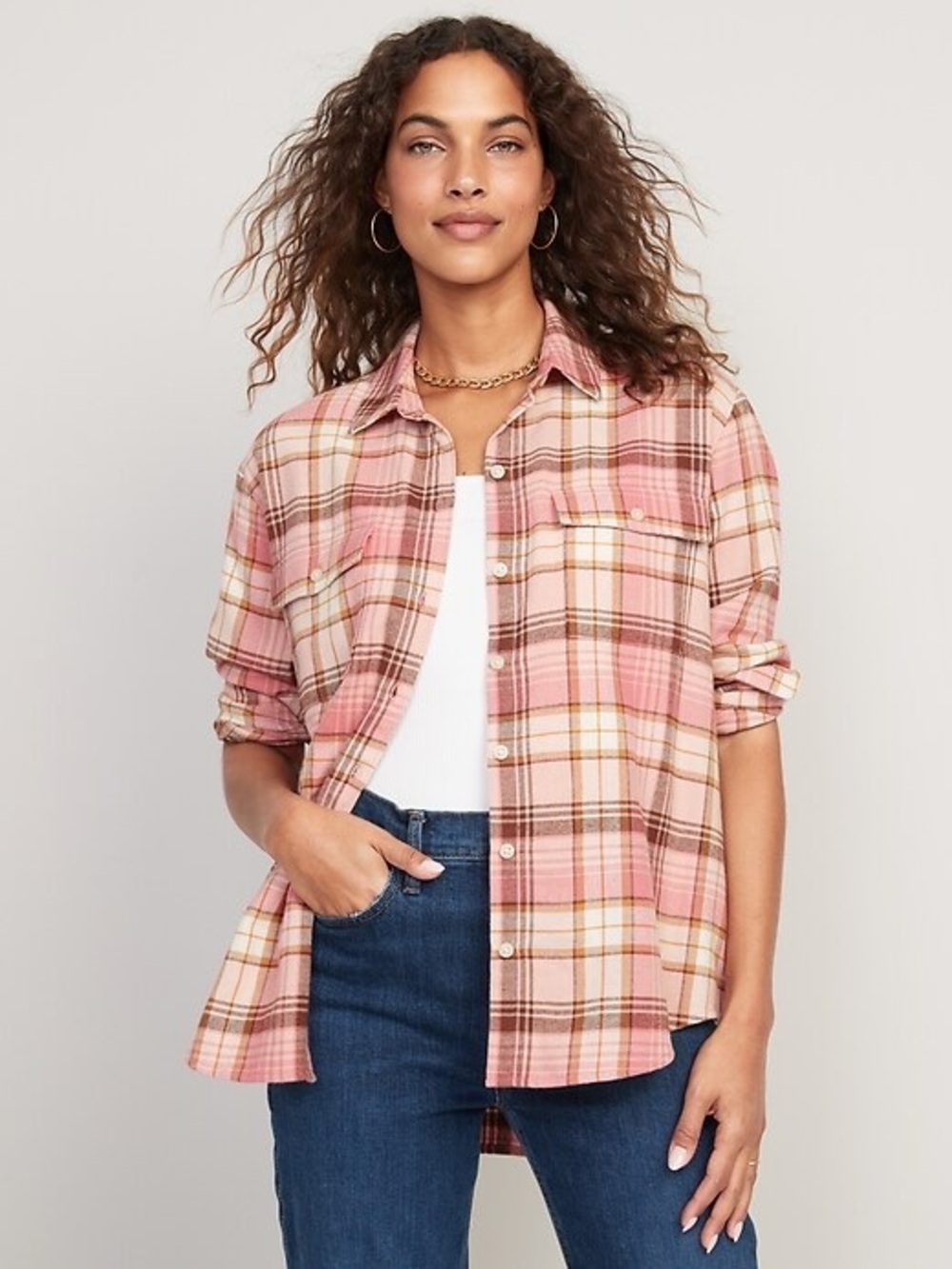 NWT Old Navy Pink Plaid Flannel Boyfriend Tunic Shirt 3X